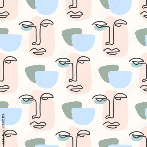 Seamless pattern with linear abstract faces. Continuous line art. One line drawing. Minimalist graphic.