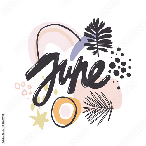 June. Placard template with abstract calligraphy geometric shapes, 80s memphis bright style flat design elements. Retro art for covers, banners, flyers and posters.