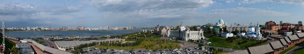 Kazan, Tatarstan. View from the Kazan Kremlin on the Kazanka river and the Palace of farmers. High-resolution 180-degree panorama.