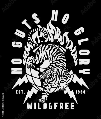 B&W Wild Tiger on Globe with Lightning Illustration with No Guts No Glory Slogans Vector Artwork on Black Background for Apparel and Other Uses