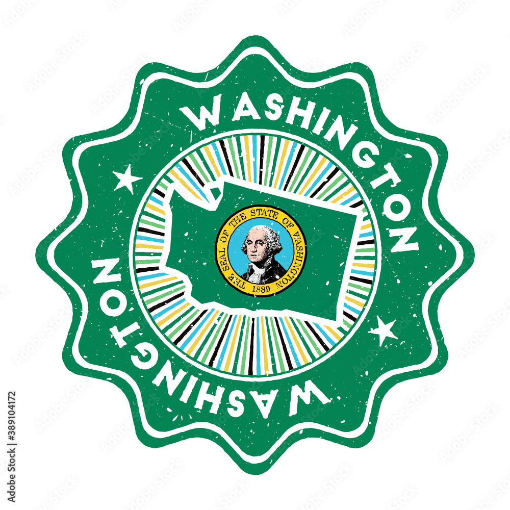 Fototapeta premium Washington round grunge stamp with US state map and state flag. Vintage badge with circular text and stars, vector illustration.