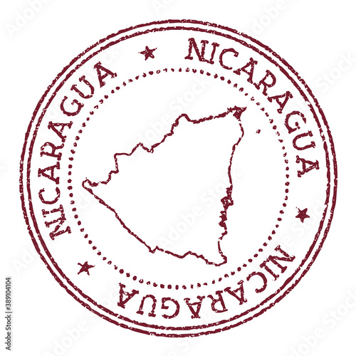 Nicaragua round rubber stamp with country map. Vintage red passport stamp with circular text and stars, vector illustration.