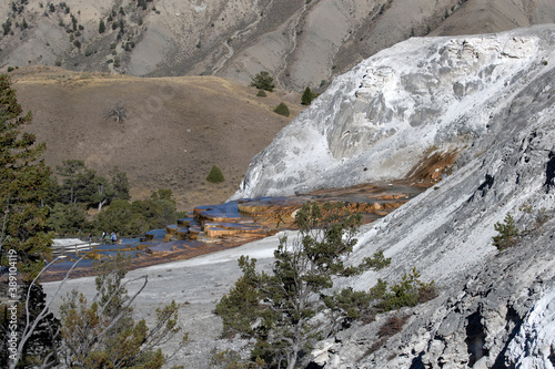 Mammoth cascade geyser mountain Yellowstone 4K. Geyser Yellowstone in Wyoming, Montana and Idaho, USA. Geothermal geological environment ecosystem landscape. Biology geography ecology. photo