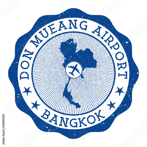 Don Mueang Airport Bangkok stamp. Airport of Bangkok round logo with location on Thailand map marked by airplane. Vector illustration. photo