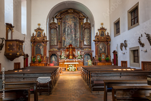 PRAGUE, CZECH REPUBLIC - OCTOBER 14, 2018: The nave of baroque Capuchins church.
