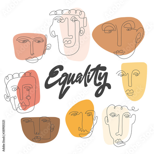 Equality. Hand drawn one line faces poster. Anti racism