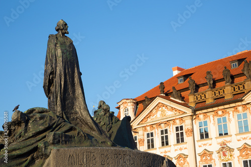Photography PRAGUE, CZECH REPUBLIC - OCTOBER 14, 2018:  The  Jan Hus memorial by Jan Kotera (1915)