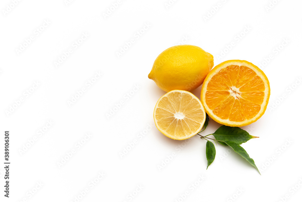 halves of lemon and orange on a white background halves of lemon and orange on a white background