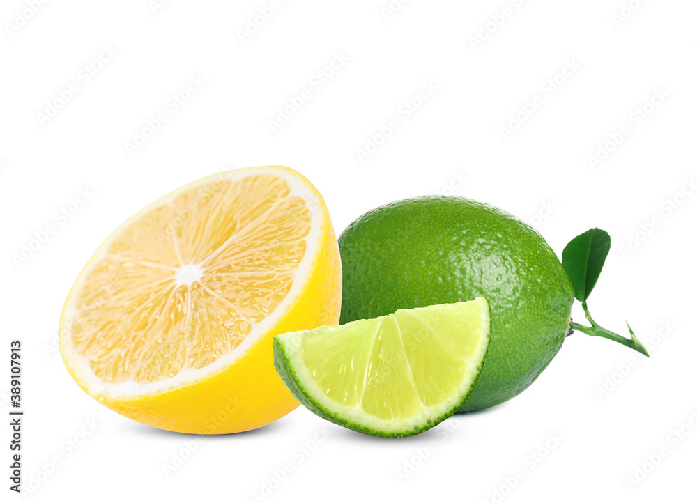 Fresh ripe limes and lemon on white background