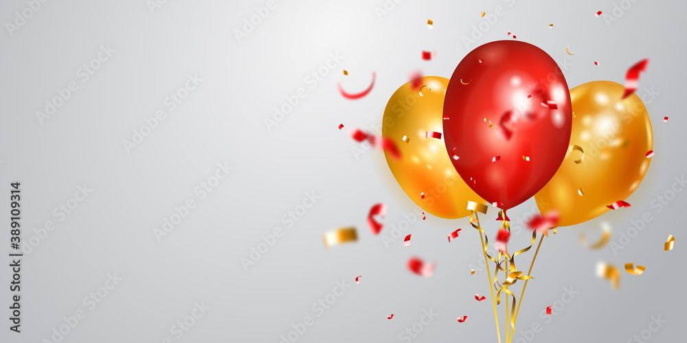Festive background with golden and red air balloons and shiny pieces of serpentine. Vector illustration for posters, flyers or cards. Festive background with golden and red air balloons and shiny pieces of serpentine. Vector illustration for posters, flyers or cards.