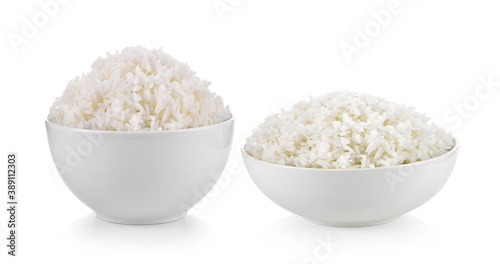 Rice in white cup on white background