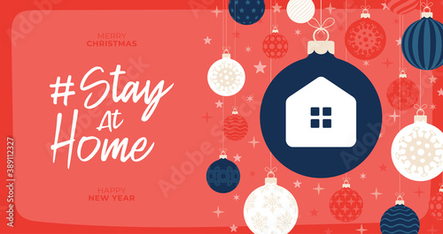 stay at home christmas coronavirus outbreak concept. Christmas or new year Concept prevention COVID-19 disease with virus cells, flat cartoon ball on red background