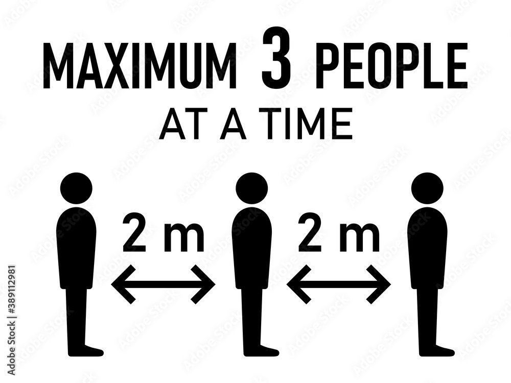 Maximum 3 People at a Time and Keep a Safe Distance of 2 m or 2 Metres Warning Sign. Vector Image. Maximum 3 People at a Time and Keep a Safe Distance of 2 m or 2 Metres Warning Sign. Vector Image.