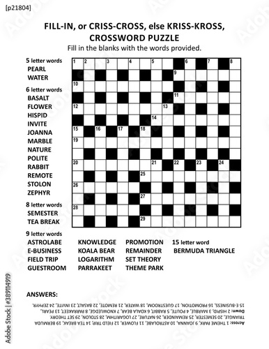 Large print quick style criss-coss (or fill-in, else kriss-kross) crossword puzzle game of 15x15 grid. Non-themed, general knowledge family friendly content. Answer included.

