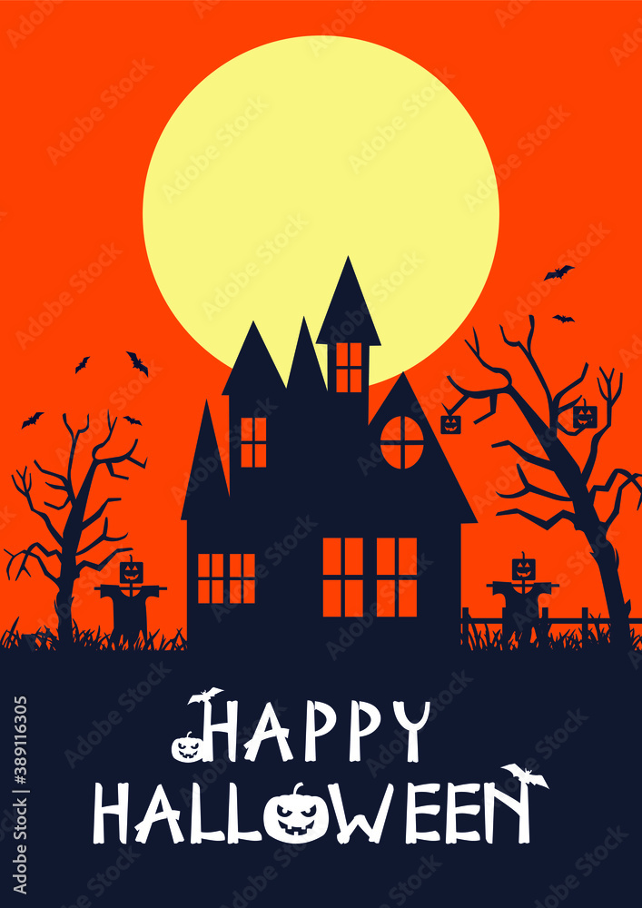 Happy Halloween Day, full moon in the night, bats flying, stars in the sky, pumpkins. vector illustration