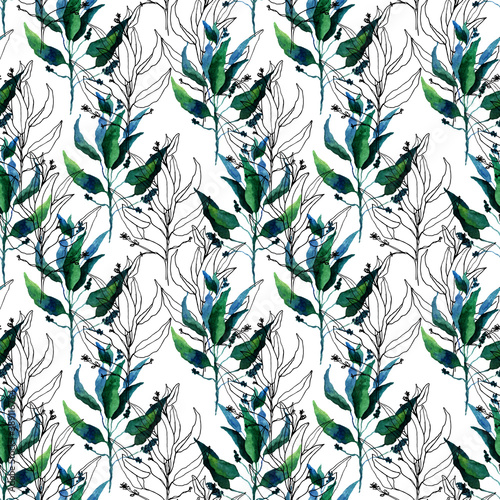 Seamless pattern with stylized watercolor leaves. Floral endless pattern filled with green and blue leaves. Watercolor hand drawn illustration on white background.Ideal for wallpaper, textile print.