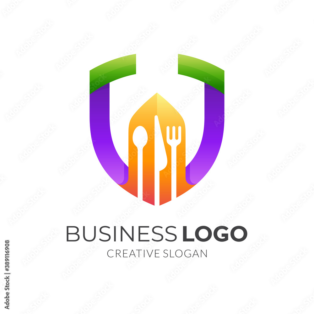 shield restaurant logo, shield, spoon, fork and knife, combination logo with 3d colorful style shield restaurant logo, shield, spoon, fork and knife, combination logo with 3d colorful style