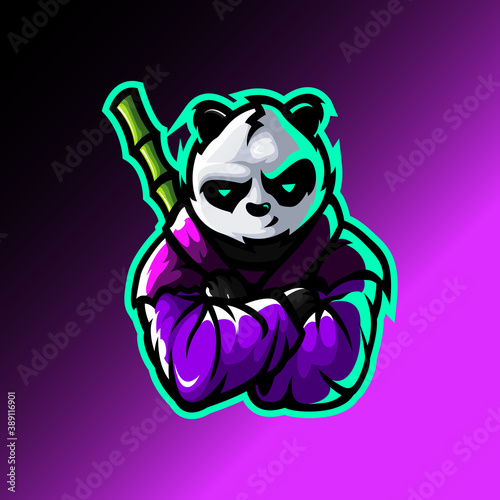 logo esport panda angry expression with bamboo. logo vector caharacter panda for gaming. theme puple color costume character.