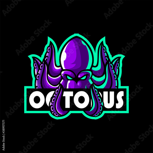 logo esport animal octopus angry expression with banner name. logo vector caharacter octopus animal for gaming. theme purple color costume character. photo