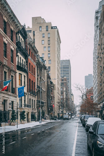 69th Street in the snow  on the Upper East Side  Manhattan  New York City
