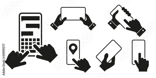 Smartphone hands vector icon set