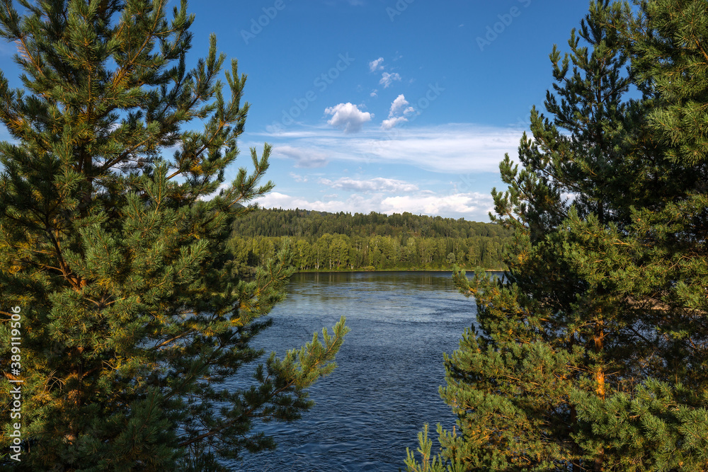 Summer landscape with the river Biya. The Village Of Turochak, Altai Republic