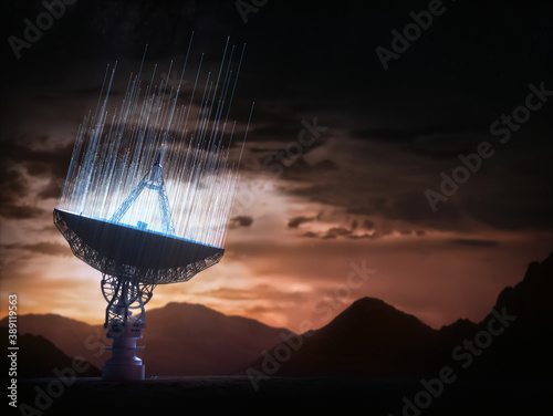 Fototapeta Naklejka Na Ścianę i Meble -  Giant satellite dish. Signal from deep space. Huge satellite antenna dish for communication and signal reception out of the planet Earth. Observatory searching for radio signal in space at sunset.