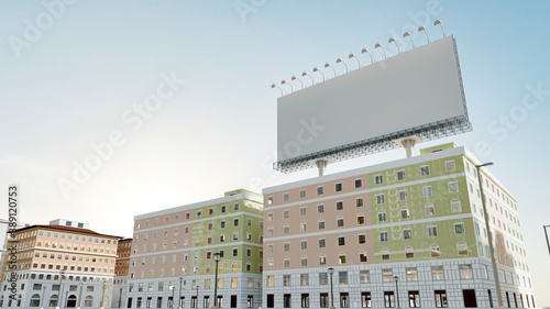 3D illustration outdoor billboard with pole on rooftop of building