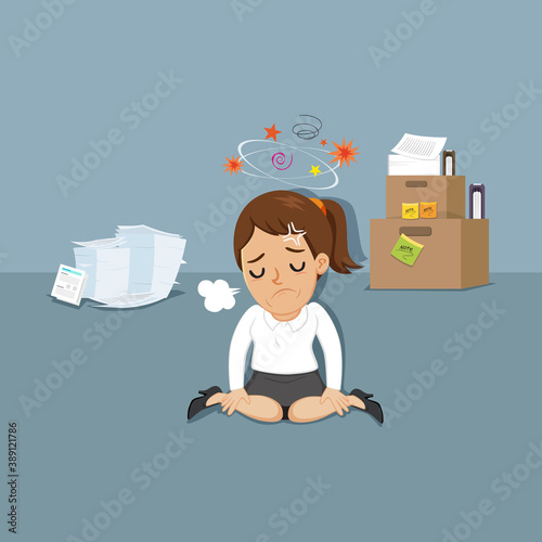 Tired businesswoman sitting on the floor, illustration vector cartoon