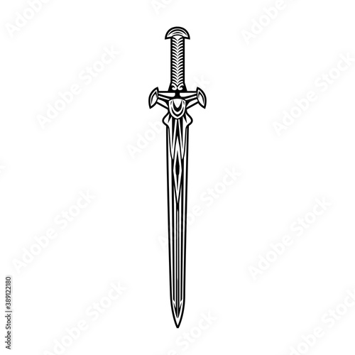 Sword vector illustration. Medieval Scandinavian weapon, Nordic knight accessory. History or battle concept for tattoo or role play emblem templates