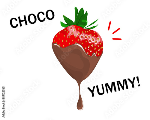 Strawberries and chocolate dipping on white background with text, close up hand drawing vector illustration.