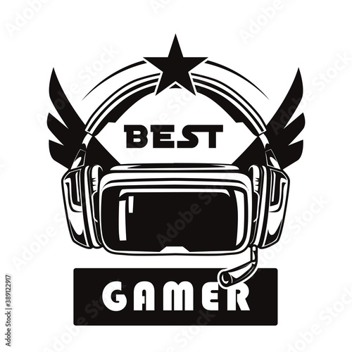 Retro style of virtual reality set vector illustration. Monochrome VR glasses with wings. Videogame and computer tournament concept can be used for retro template, banner or poster