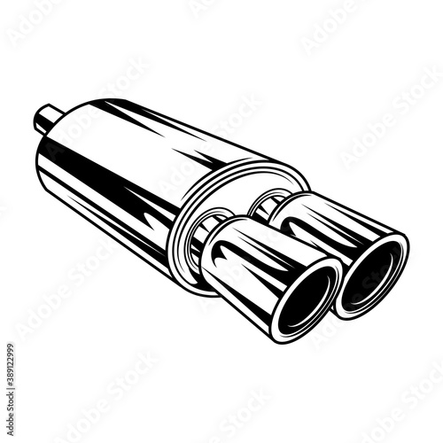 Double exhaust pipe vector illustration. Vintage car chrome part, automobile detail. Repair concept for mechanic service station emblem or garage label templates photo