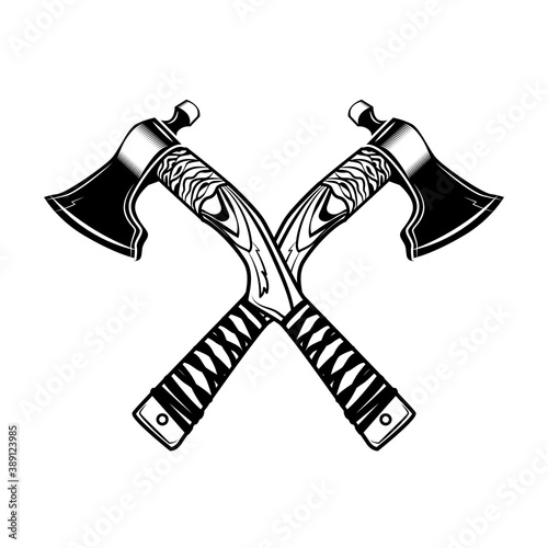 Crossed axes vector illustration. Medieval Vikings weapon, war or battle accessory. History or fight concept for tattoo or archery club emblem templates