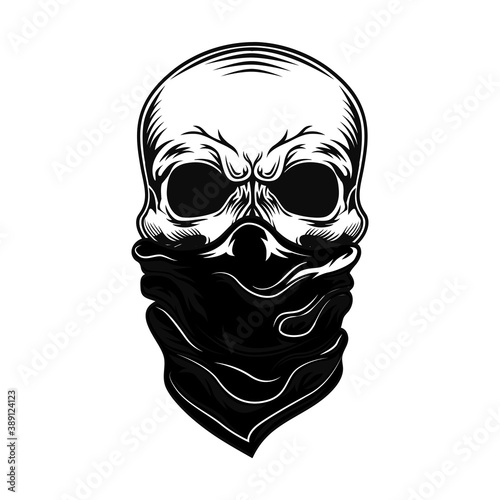 Skull with bandana vector illustration. Head of character with fabric mask covering mouth and nose. Face protection concept for epidemic or snowboarding topics, bikers club template