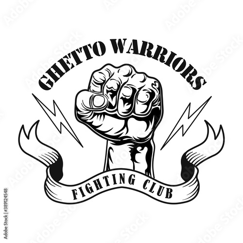 Ghetto warriors symbol vector illustration. Male fist with lightning, text on ribbon. Lifestyle concept for fight club emblem or gangsta tattoo templates