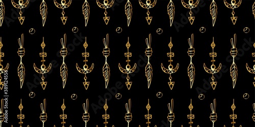 ethno amulets pattern seamless.bohemian gold pattern seamless.boho gold pattern luxury on dark background.Seamless pattern Indian style in gold.Mystical ornament.