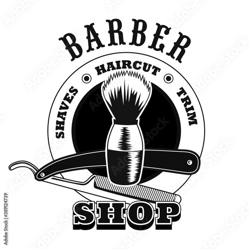 Barber shop advertising vector illustration. Barber tools, shaving brush, razor, text sample. Hairstyle concept for barbershop or salon label template