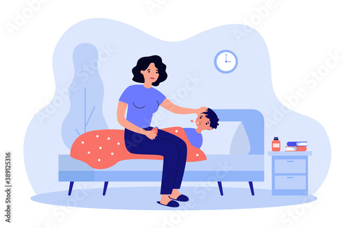 Sad mum sitting near sick kid flat vector illustration. Cartoon ill child lying in bed under blanket and suffering from flu or cold. Mother care and fever concept photo