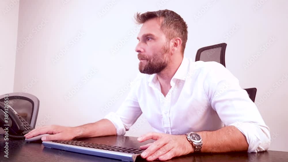 Nervous Business Manager Looking at Computer Screen With Disappointment Gesture. Close Up Slow Motion Nervous Business Manager Looking at Computer Screen With Disappointment Gesture. Close Up Slow Motion