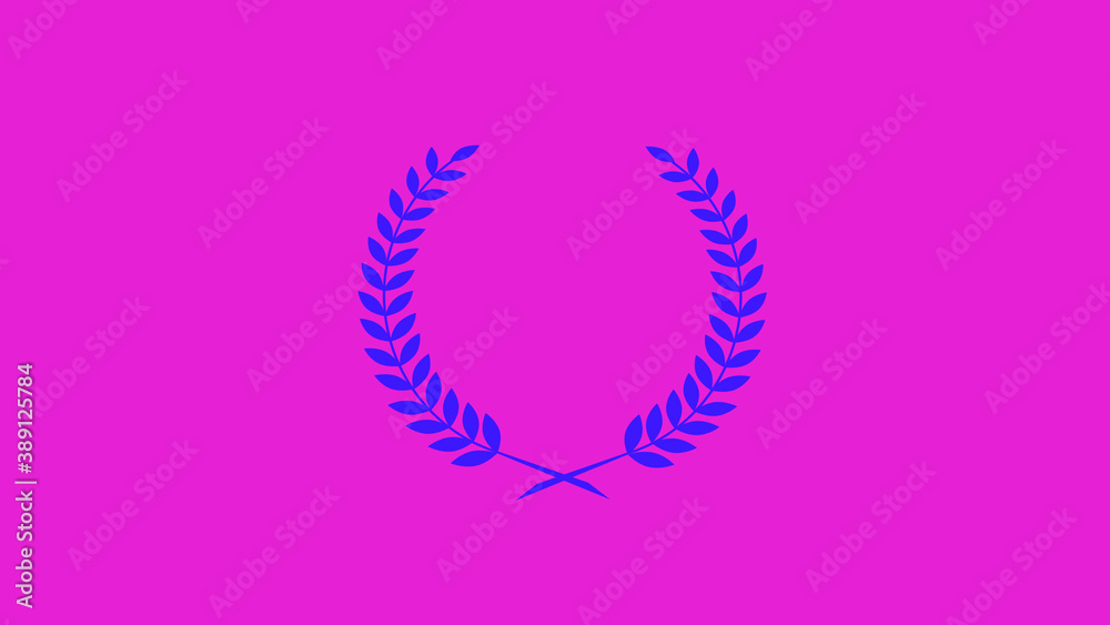 Blue color wreath logo icon on pink background wheat and oak wreaths depicting an award, achievement, heraldry, nobility on pink background