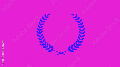 Blue color wreath logo icon on pink background wheat and oak wreaths depicting an award, achievement, heraldry, nobility on pink background