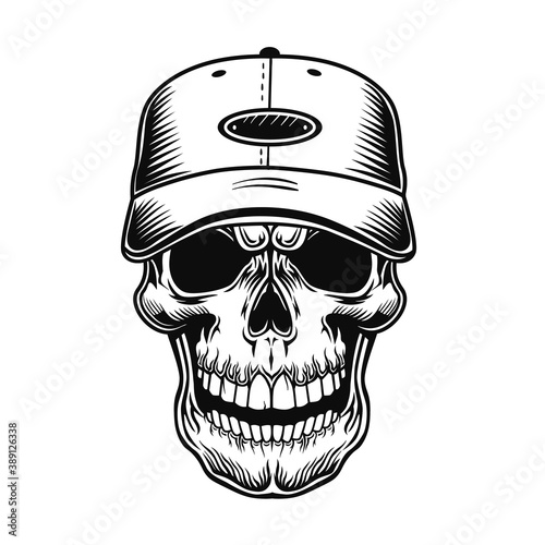 Skull of baseball player vector illustration. Head of character in cap. Headwear concept for sport topic or tattoo template