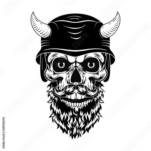 Retro skull in helmet with horns vector illustration. Monochrome dead head with beard. Tattoo design and rebel community concept can be used for retro template  banner or poster