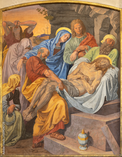 VIENNA, AUSTIRA - OCTOBER 22, 2020: The fresco of Burial of Jesus as part of Cross way station in the church of St. John the Nepomuk by Josef Furlich (1844 - 1846).