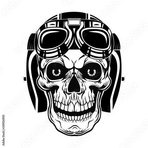 Black skull of pilot vector illustration. Vintage dead head in protective helmet with googles. Tattoo design and motorcyclist club concept can be used for retro template, banner or poster
