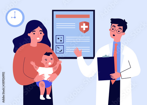 Cartoon mother showing to doctor her baby with rash. Visit, physician, eruption flat vector illustration. Healthcare and medicine concept for banner, website design or landing web page