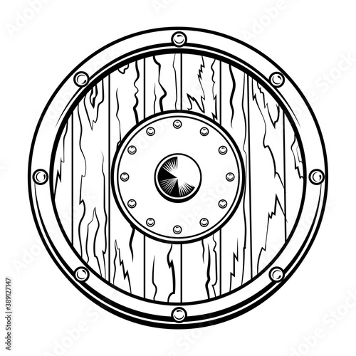 Circular wooden shield vector illustration. Old medieval protective weapon, Scandinavian knights accessory. History or battle concept for tattoo or role play emblem templates