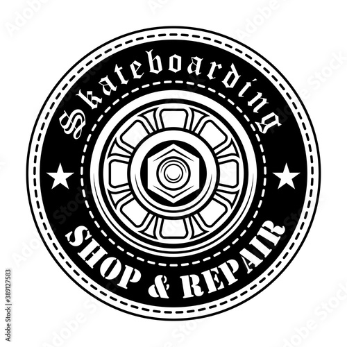 Skateboard shop label vector illustration. Board wheel with text and stars. Extreme sport concept for shop and service emblems templates