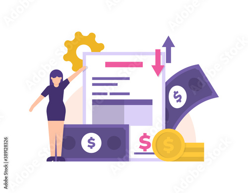 concept of staff accounts receivable and accounts payable, accounting or financial management. illustrations of women, paper reports, gear, banknotes and coins. transaction. flat style. design element